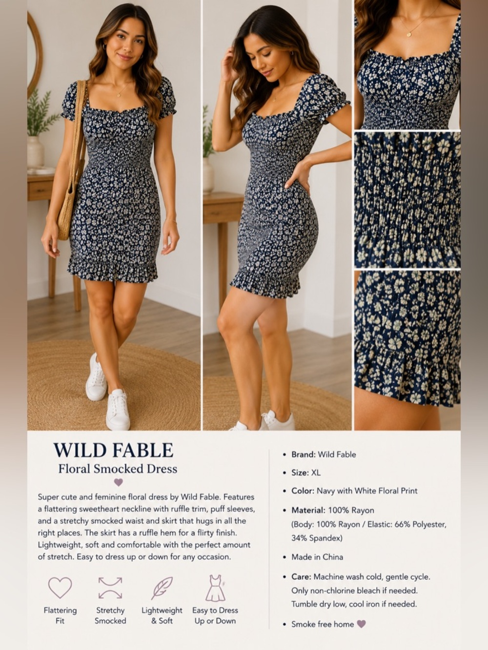 Floral Square-Neck Smocked Midi Dress - Navy